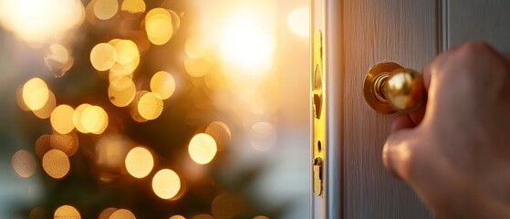 Poster -  A person's hand opens a door in close-up, revealing a Christmas tree and twinkling lights in the background