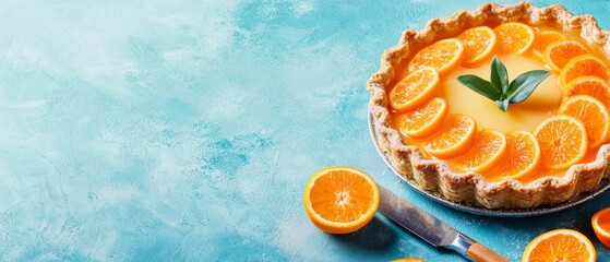 Canvas Print -  An orange pie with sliced segments on a blue surface Surrounding oranges and a knife nearby