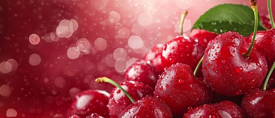 Poster - red fruits with drops of water and a green leaf above