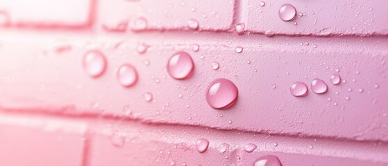 Poster -  A tight shot of water drops on a pink brick wall Background features a rosy sky Foreground presents a red brick wall