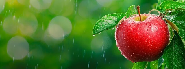 Wall Mural -  A red apple, in focus, dangles from a tree branch with gleaming water droplets adorning its emerald-hued leaves against a lush green backdrop