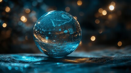 Canvas Print - A crystal sphere resting on a textured surface with glowing symbols and lights in a dark environment during nighttime