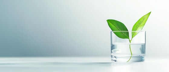  A glass holding water, topped with a submerged green leaf