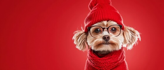  A small dog in glasses, a red sweater, a knit hat, and a scarf around its neck