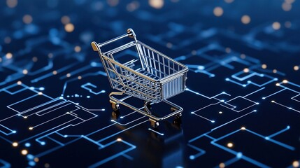 Shopping cart on a blue digital circuit board background, a cyber technology concept for online business and e-commerce website design with a global network connection.