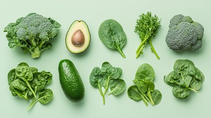 Wall Mural - various green vegetables, such as spinach, broccoli, and avocado