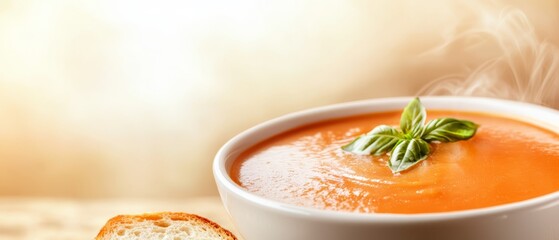 Wall Mural -  A tight shot of a bowl filled with steamy soup next to it, a slice of bread rests on the table Atop the soup, a fresh green leaf floats