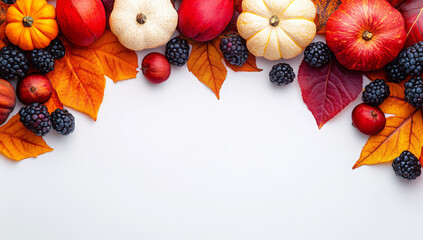 Autumn leaves and autumn fruits on white background with copy space
