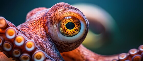 Sticker -  A tight shot of an octopus's eye, its center sporting an orange ring in sharp focus Surrounding background subtly blurred