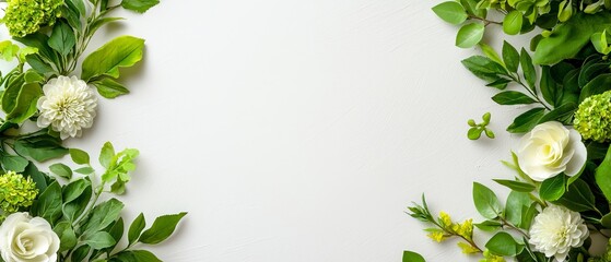 Wall Mural -  White flowers and green leaves on a clean, white backdrop Text space on the left side