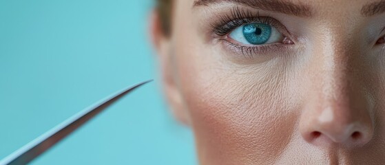 Sticker -  A tight shot of a woman's face, with a scissor hovering near her eye against a backdrop of deep blue