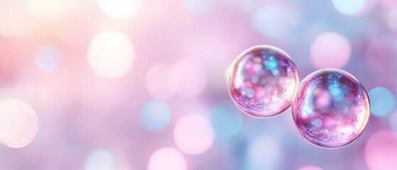 Poster -  A tight shot of two bubbles against a light, pink and blue bokeh  - a circular area of blur caused by a lens's