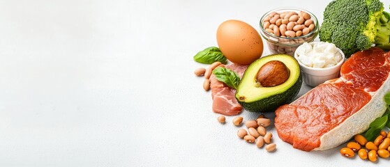 Wall Mural -  A white-topped table laden with meat, vegetables, eggs, beans, and an assortment of fruits and vegetables