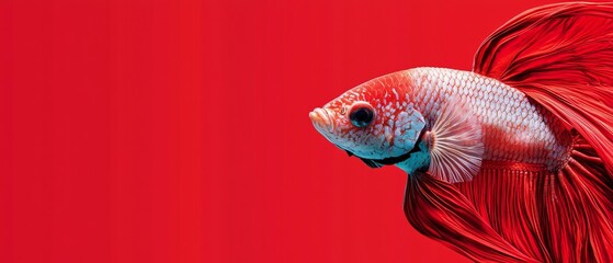 Wall Mural -  A Siamese fish in focus against a red backdrop Blurred silhouette of a second Siamese fish