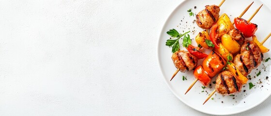 Wall Mural -  A white plate bears a chicken and vegetable arrangement on skewers