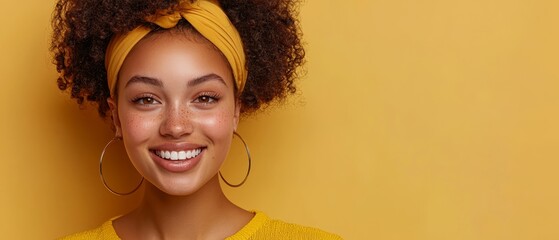 Sticker -  A tight shot of a person in a yellow shirt and matching headband, both framing a radiant smile