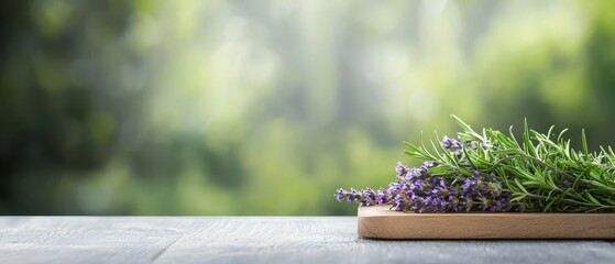 Sticker -  A tight shot of lavender blooms on a table against a softly blurred backdrop of trees