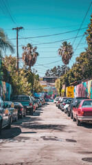 Naklejka na meble A vibrant urban neighborhood with colorful murals and palm trees