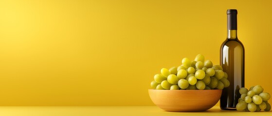  A wooden bowl, brimming with green grapes, sits next to a bottle of wine Another identical bowl holds more of the luscious fruits