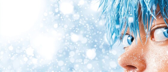 Poster -  A tight shot of a face with electric blue hair and snowflakes adorning its sides