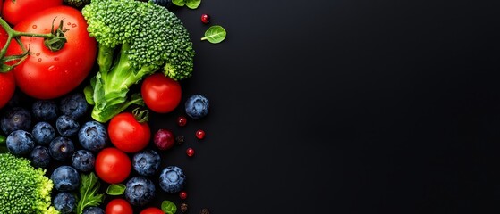 Poster -  Broccoli, tomatoes, blueberries arranged in a pattern on a black background