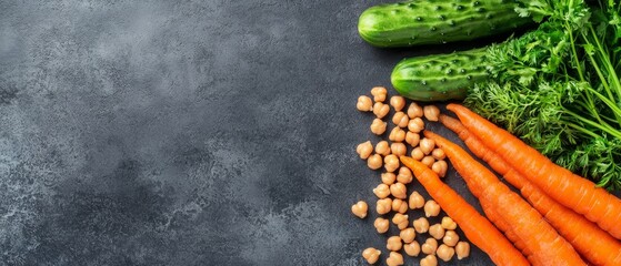 Poster -  A black surface topped with a mound of carrots, cucumbers, peas, and broccoli