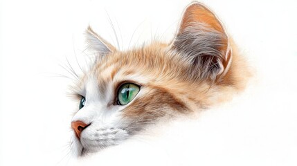 Wall Mural -  A tight shot of a feline's face Mid-frame, a cat boasts emerald eyes Surrounding, pristine white