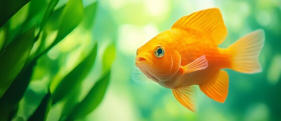 Wall Mural -  A tight shot of a goldfish swimming near an aquarium's foreground plant, with a blurred background