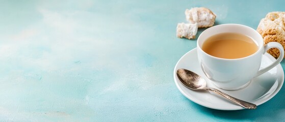  A cup of tea rests on a saucer A spoon lies nearby A slice of bread sits on a blue surface