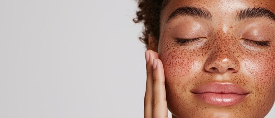 Wall Mural -  A woman with freckles touches her face with one hand