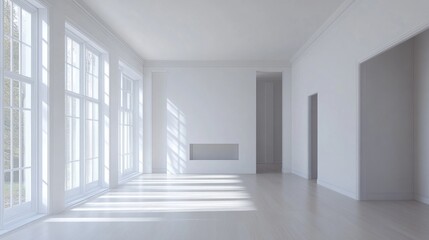  Empty room, high ceiling, white walls, modern design generative ai
