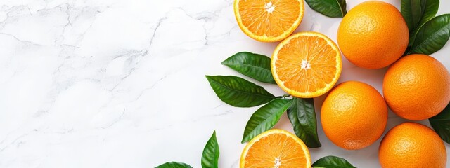 Poster -  A collection of oranges atop a pristine white countertop Nearby, vibrant green leaves and a pristine white marble background complete the scene