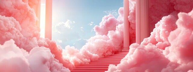 Poster -  Two stairways ascend to skies, each filled with clouds