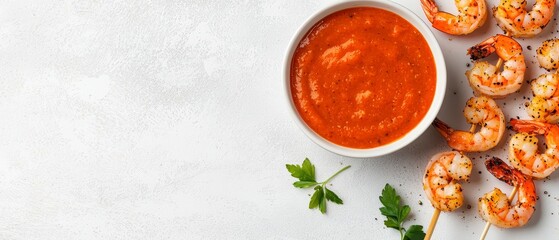  A white plate holds shrimp skewers, nearby sits a bowl of tomato sauce garnished with parsley