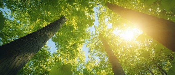 Wall Mural -  The sun filters through a tree's foliage, standing centrally in a forest of tall trees