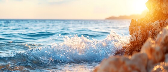 Sticker -  The water splashes on rocks; foamy waves cover the beach Sun shines in the distance