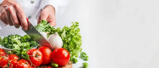 Poster - tomatoes, broccoli on cutting board Chef's knife in background