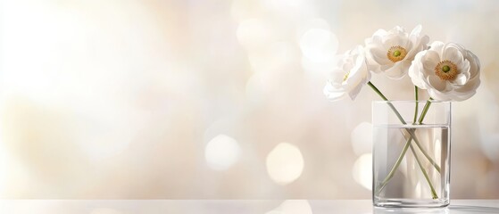  A crystal-clear glass vase holds white blooms It rests atop a pristine white table, near a vague, indistinct wall