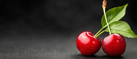 Poster -  A pair of cherries stacked atop one another on black paper, accompanied by a green leaf beside them