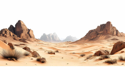 Wall Mural - A vast desert landscape featuring rocky formations and sand dunes under a bright sky.