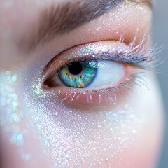 Sticker -  A tight shot of an eyelid adorned with glitter on the outer rim and inner corner