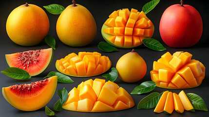 A vibrant arrangement of mangoes, watermelon, and leaves showcasing fresh fruit varieties.