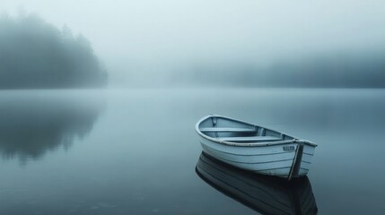 Wall Mural - A Small Boat in a Foggy Lake at Dawn