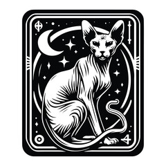 Sphynx Cat in Tarot card black and white silhouette illustration