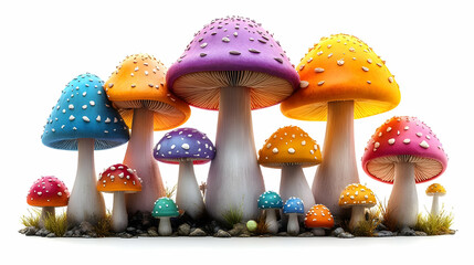 A vibrant collection of colorful mushrooms in a whimsical arrangement.