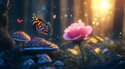 Wall Mural - A butterfly dances among mushrooms and a pink rose in a whimsical forest illuminated by soft sunlight