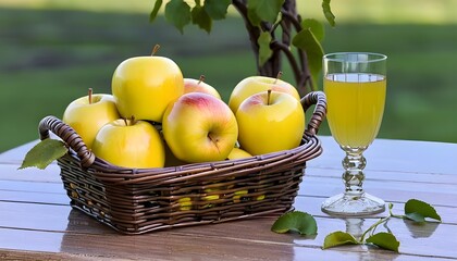 yellow juicy apples in the basket with a glass of its juice on the table top 