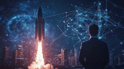 A businessman stands against a cityscape and looks up at a rocket launching, with a futuristic network of lines and dots surrounding them.