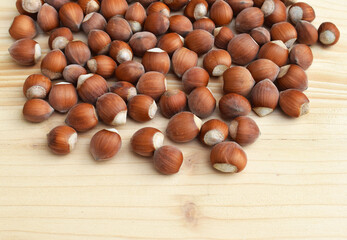 Wall Mural - Hazelnuts in shell on a wooden background