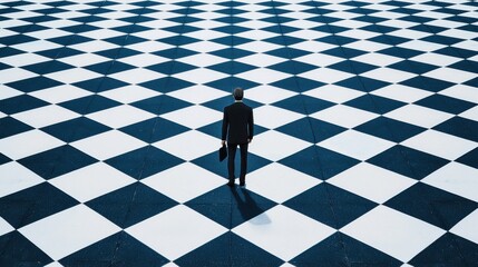 Wall Mural - adapting to market change: a business figure standing on a shifting, abstract chessboard, each squar